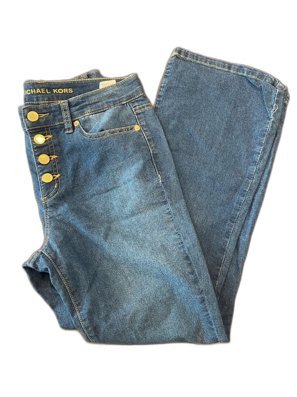 Womens High Rise Michael Kors Straight-Leg Blue Denim Jeans with Gold Buttons 4